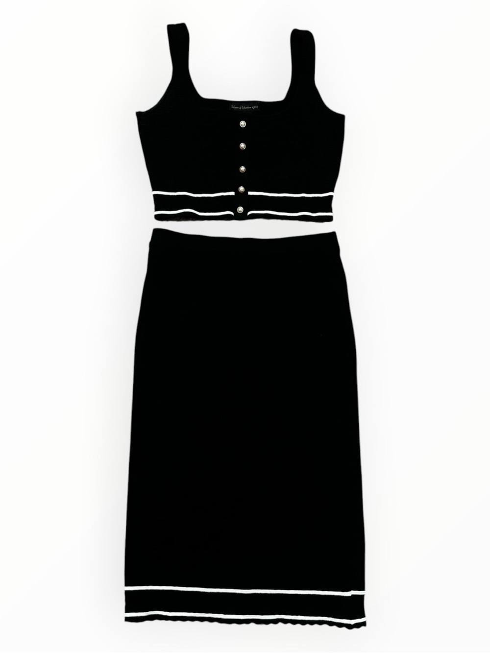 HOUSE OF HARLOW 1960 Black Knit Crop Top & Midi Skirt Set White Trim Bodycon XS
